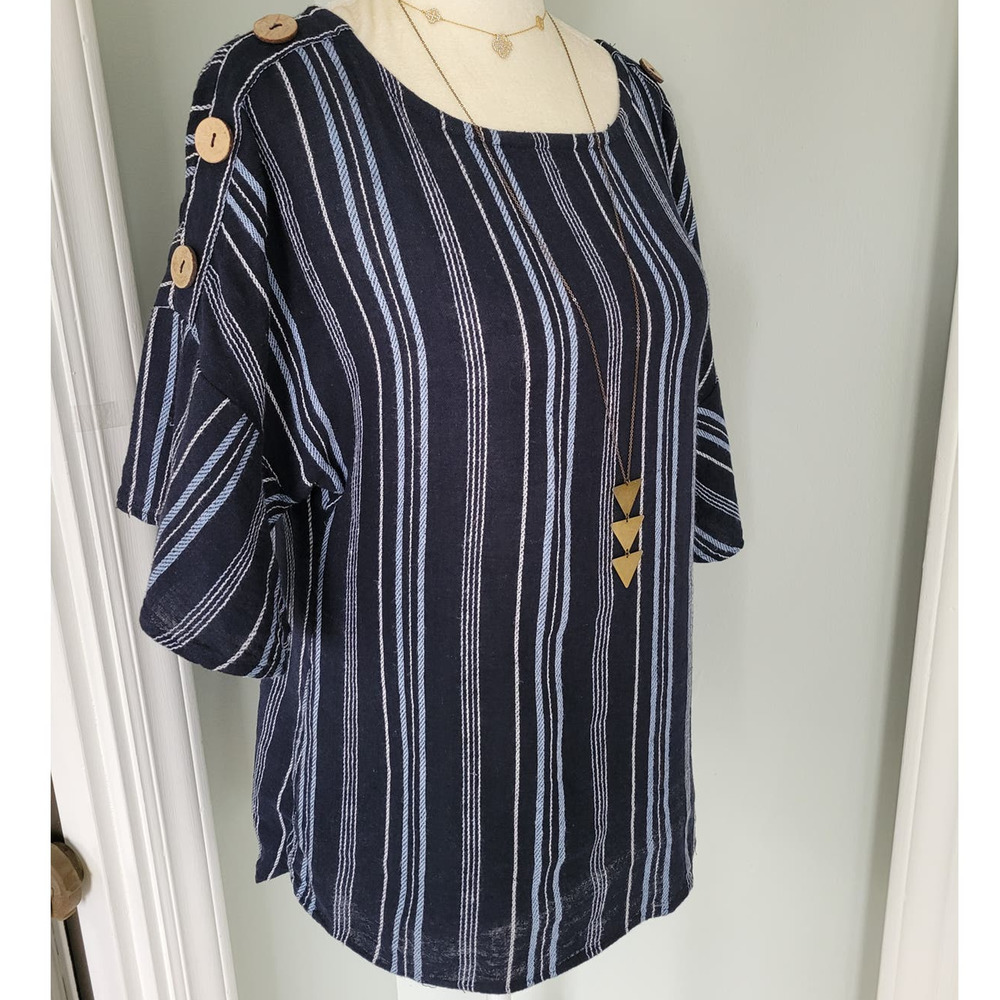 Ellen Tracy Navy stripe Round Neck Button Detail Linen Blend Top oversized
